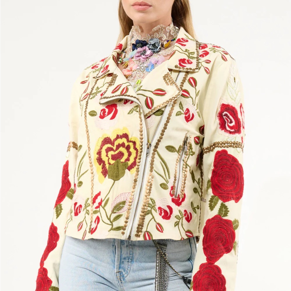 Aratta Floral Embroidered Women's Cotton Moto Jacket